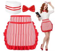 saerryor Kit per costume da cameriera da donna con mezzo grembiule, cappello da chef e papillon rosso, grembiuli da cameriera a righe rosse e bianche con 2 tasche per costume di carnevale anni '50
