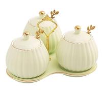SAeWare Set di barattoli per condimenti in ceramica per condimenti con coperchio a cucchiaio e vassoio, contenitori per spezie, per bancone della cucina, verde chiaro, 3 pezzi