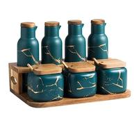 SAeWare Set di contenitori per condimenti in ceramica per spezie con cucchiaio in bambù, coperchio, vassoio, set di bottiglie per olio, condimenti, per casa, cucina, cucina, bancone, verde scuro