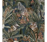Safari Fusion Esotico Animali Tropicale Piante Holden Parati Blu Scuro 13012