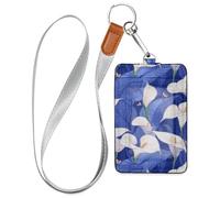 Safari Calla Lily - Porta badge in pelle blu reale con cordino e porta carte d'identità verticale per ufficio, ospedale e patente di guida