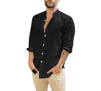 Safari Camicia da uomo pirata vichinga, a maniche lunghe, in lino, estiva, da spiaggia, da uomo, con collo alto, vestibilità normale, con bottoni, per il tempo libero, traspirante, estiva, O nero