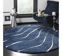 SAFAVIEH Florida Shag Collection SG472 - Tappeto a onde astratte e senza pelucchi, per soggiorno, camera da letto, sala da pranzo, ingresso, peluche, 3 cm, rotondo, 122 x 122 cm, colore: Blu scuro/Crema