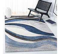 Safavieh Moderno Grafico Tappeto Rettangolare da Interno, Intrecciato, Collezione Hollywood, HLW766, in Grigio / Blu, 160 X 229 cm per Salotto, Camera da letto o Qualsiasi Spazio Interno