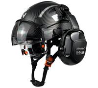 SAFEBUILDER Casco di sicurezza per edilizia con visiere, paraorecchie trasparenti e colorate, protezione dell'udito, per ingegneri (casco nero opaco con visiera e paraorecchie trasparenti e colorati)