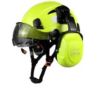 SAFEBUILDER Casco di sicurezza per edilizia con visiere trasparenti e colorate, protezione dell'udito, per ingegneri (casco verde fluorescente con visiera e paraorecchie trasparenti e colorati)