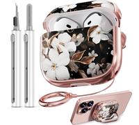 Safety Lock Inesore Floral Cute Case Compatible with AirPods 4 - Black Gold Flower Case for Women Girls, with Cleaning Kit and Keychain(ANC/2024)