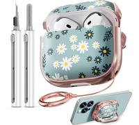 Safety Lock Inesore Floral Cute Case Compatible with AirPods 4 - Daisy Green Flowers Case for Women Girls, with Cleaning Kit and Keychain(ANC/2024)