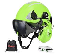 Safeyear Casco da lavoro antinfortunistica ABS con visiera e paraorecchie - Casco cantiere Hi-Vis + occhiali trasparenti-DPI lavoro EN397 EN166 per edilizia, industria e outdoor - regolabile 53-64 cm