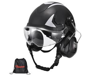 SAFEYEAR Casco protettivo adulto con occhiali antigraffio, paraorecchie, casco di sicurezza ABS EN397, nastro riflettente, fori traspiranti, adatto per lavori e attività all'aperto industriali e vari