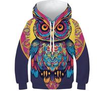 SAFGTXHTR Gufo Felpa Bambino 3D Uccello Stampare Kids Hoodie Manica Lunga Animal Felpe con Cappuccioper con Cappuccio E Tasca A Marsupio 6-15 Anni