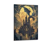 SAFHUER Poster decorativo da parete con castello di drago, fantasy, su tela, stampa moderna, per camera da letto, per camera da letto, 60 x 90 cm