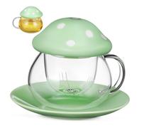 SAFIGLE Tazza da Tè in Vetro con Filtro Rimovibile Coperchio a Forma di Cappello e Sottobicchiere in Ceramica Completo per Tisane e Infusi per Casa e Ufficio