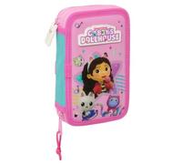 safta | Astuccio doppio compatto Gabbys Dollhouse Party 28 pezzi, Astuccio scolastico per bambini con 2 scomparti e cerniera, include pennarelli, matite, Bolígrafo, Misure 12,5x4x19,5 cm