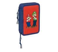 safta | Astuccio doppio Super Mario Bros Mamma Mia 29 pezzi, Astuccio scolastico per bambini con 2 scomparti e cerniera, 12,5x4x19,5 cm, include pennarelli, matite e Bolígrafo