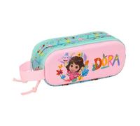 Safta - Astuccio scolastico doppio 3D Dora, astuccio per la scuola per bambini con due scomparti e cerniere, manico laterale, dimensioni 21 x 6 x 8 cm, astuccio scolastico 2 scomparti