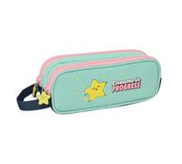 Safta - Astuccio scolastico doppio Mr. Wonderful Stella, astuccio organizer con 2 scomparti separati e cerniere, manico laterale, maniglie a stella, colore menta e blu navy, misure 21 x 6 x 8 cm