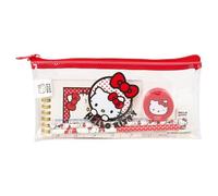 safta | Astuccio scolastico rettangolare Hello Kitty Actividades, organizer scolastico trasparente de PVC con cerniera Zip, 22,5x10,5 cm, include Regla 15 cm, 2 matite, Sacapuntas, portapenne