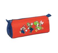 safta | Astuccio scolastico rettangolare Super Mario Bros Mamma Mia, portapenne per bambini con 1 scomparto e cerniera, 21x7x8 cm, organizer ritorno a scuola, rosso e blu Marino
