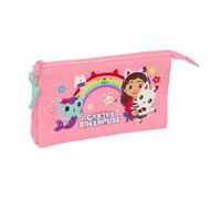 Safta - Astuccio scolastico Triple Gabby's Dollhouse, astuccio per bambini con 3 scomparti con cerniera e tasca interna centrale, organizer per matite e pennarelli, rosa, dimensioni 22 x 3 x 12 cm