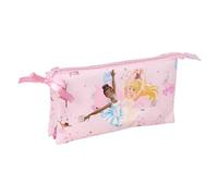 safta | Astuccio scolastico triplo Barbie Ballet, portapenne per ragazzi con 3 scomparti separati con cerniera, tasca interna centrale con cerniera, organizer ritorno a scuola, Misure 22x3x12 cm