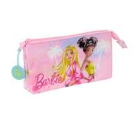 safta | Astuccio scolastico triplo Barbie Painterly, portapenne per ragazzi con 3 scomparti con cerniera e tasca interna centrale, organizer per ritorno a scuola, rosa Degradado, Misure 22x3x12 cm