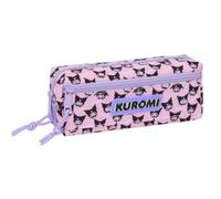 safta | Astuccio scolastico triplo compatto Kuromi con fascia elastica posteriore, 22 cm, portapenne organizer con 3 scomparti e cerniere, tirazip lilla, rosa stampa, Misure 22x6x8,5 cm