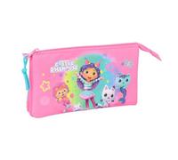 safta | Astuccio scolastico triplo Gabby’s Dollhouse Confetti, portapenne per bambini con 3 scomparti e cerniere, tasca interna centrale con cerniera, Misure 22x3x12 cm