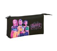 Safta - Astuccio scolastico triplo K-Pop Demon Hunters nero, astuccio per la scuola giovane con 3 scomparti separati con cerniera, dimensioni 22 x 3 x 12 cm, astuccio scolastico a 3 scomparti