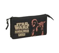 Safta - Astuccio scolastico triplo Mandalorian & Grogu Star Wars, astuccio per la scuola giovane con 3 scomparti separati con cerniera e tasca interna centrale, dimensioni: