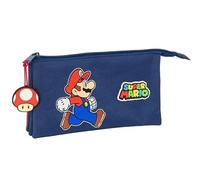 safta | Astuccio scolastico triplo Super Mario Trick, portapenne per bambini con 3 scomparti con cerniera e tasca interna centrale, organizer ritorno a scuola, tirazip Seta, Misure 22x3x12 cm