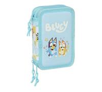safta | Astuccio triplo Bluey Ready 37 pezzi, Astuccio scolastico per bambini con 3 scomparti e cerniera, include 16 matite colorate, 14 pennarelli, Regla e Semicírculo, Misure 12,5x5,5x19,5 cm
