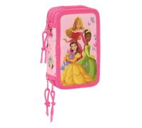 safta | Astuccio triplo Disney Princesas 37 pezzi, Astuccio scolastico organizer con 3 scomparti e cerniera, include pennarelli, 16 matite colorate, Misure 12,5x5,5x19,5 cm