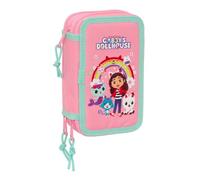 safta | Astuccio triplo Gabby’s Dollhouse 37 pezzi, Astuccio scolastico organizer con 3 scomparti e cerniera, include pennarelli, 16 matite, Regla e Semicírculo, Misure 12,5x5,5x19,5 cm