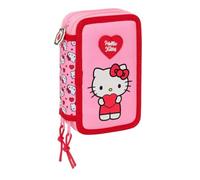 safta | Astuccio triplo Hello Kitty 37 pezzi, Astuccio scolastico per bambini con 3 scomparti e cerniera, include 16 matite colorate, 14 pennarelli, Regla e Semicírculo, Misure 12,5x5,5x19,5 cm