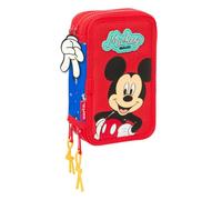 safta | Astuccio triplo Mickey Mouse Good Day 37 pezzi, portapenne scolastico per bambini con 3 scomparti e cerniera, include pennarelli, Misure 12,5x5,5x19,5 cm, Astuccio scolastico 3 scomparti