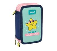 safta | Astuccio triplo Mr. Wonderful Estrella 37 pezzi, Astuccio scolastico organizer con 3 scomparti e cerniera, include 16 matite colorate, 14 pennarelli, Misure 12,5x5,5x19,5 cm