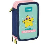 Safta - Astuccio triplo Mr. Wonderful Stella, 37 pezzi, astuccio scolastico organizer con 3 scomparti e cerniera, include 16 matite colorate, 14 pennarelli, dimensioni 12,5 x 5,5 x 19,5 cm