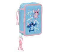 safta | Astuccio triplo Stitch Happy 37 pezzi, Astuccio scolastico organizer con 3 scomparti e cerniera, include 16 matite colorate, 14 pennarelli, Misure 12,5x5,5x19,5 cm