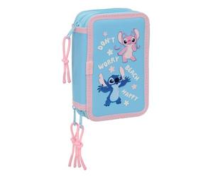 safta | Astuccio triplo Stitch Happy 37 pezzi, Astuccio scolastico organizer con 3 scomparti e cerniera, include 16 matite colorate, 14 pennarelli, Misure 12,5x5,5x19,5 cm