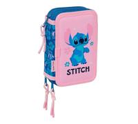 safta | Astuccio triplo Stitch Lilo 37 pezzi, Astuccio scolastico per bambini con 3 scomparti e cerniera, include 16 matite colorate, 14 pennarelli, Regla e Semicírculo, Misure 12,5x5,5x19,5 cm