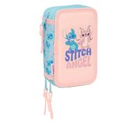 safta | Astuccio triplo Stitch Ohana 37 pezzi, Astuccio scolastico organizer con 3 scomparti e cerniera, include 16 matite colorate, 14 pennarelli, Misure 12,5x5,5x19,5 cm
