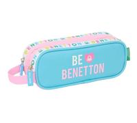 Safta BENETTON UNIQUE - Astuccio doppio bambino, astuccio per bambini, ideale per bambini in età scolastica, comodo e versatile, qualità e resistenza, 21 x 6 x 8 cm, Blu Turchese/Rosa Chiaro, M,