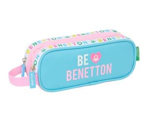 safta BENETTON UNIQUE - Astuccio doppio bambino, astuccio per bambini, ideale per bambini in età scolastica, comodo e versatile, qualità e resistenza, 21 x 6 x 8 cm, Blu Turchese/Rosa Chiaro, M,