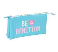 Safta BENETTON UNIQUE - Astuccio triplo, astuccio per bambini, ideale per bambini in età scolastica, comodo e versatile, qualità e resistenza, 22 x 3 x 12 cm, Blu Turchese/Rosa Chiaro, M, Casual