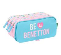 safta BENETTON UNIQUE - Astuccio triplo grande, astuccio per bambini, ideale per bambini in età scolastica, comodo e versatile, qualità e resistenza, 21,5 x 8 x 10 cm, Blu Turchese/Rosa Chiaro, M,