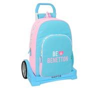 safta BENETTON UNIQUE - Zaino scuola con carrello Evolution incluso, ideale per bambini di diverse età, comodo e versatile, qualità e resistenza, Blu Turchese/Rosa Chiaro, M, Casual