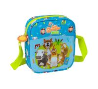 Safta - Borsa a tracolla per bambini La fattoria di Zenon, borsa a tracolla per la scuola con tracolla regolabile, chiusura con cerniera, design blu con animali e manico verde lime, per il ritorno a