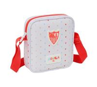 Safta - Borsa a tracolla per bambini Sevilla FC prescolare, borsa per la scuola con tracolla regolabile, chiusura con cerniera, scomparto principale, design bianco con cuori e dettagli rossi