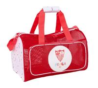 Safta - Borsa da spiaggia Sevilla FC tipo tracolla, rete traspirante rossa con scudo, maniglia foderata, tasca frontale con cerniera, dimensioni 47 x 27 x 26 cm